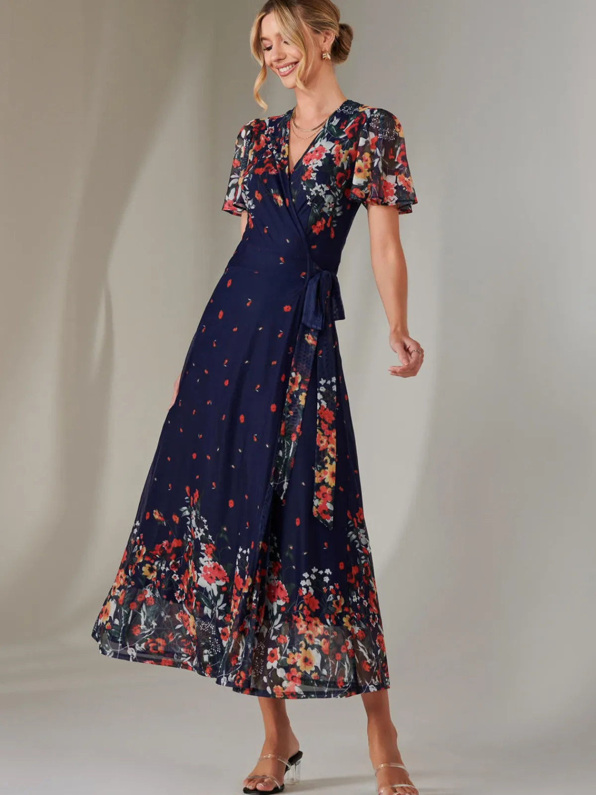 Jolie Moi Occasion Dresses|Floral Dresses-Mirror Print Mesh Wrap Maxi Dress, Floral Multi