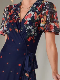 Jolie Moi Occasion Dresses|Floral Dresses-Mirror Print Mesh Wrap Maxi Dress, Floral Multi