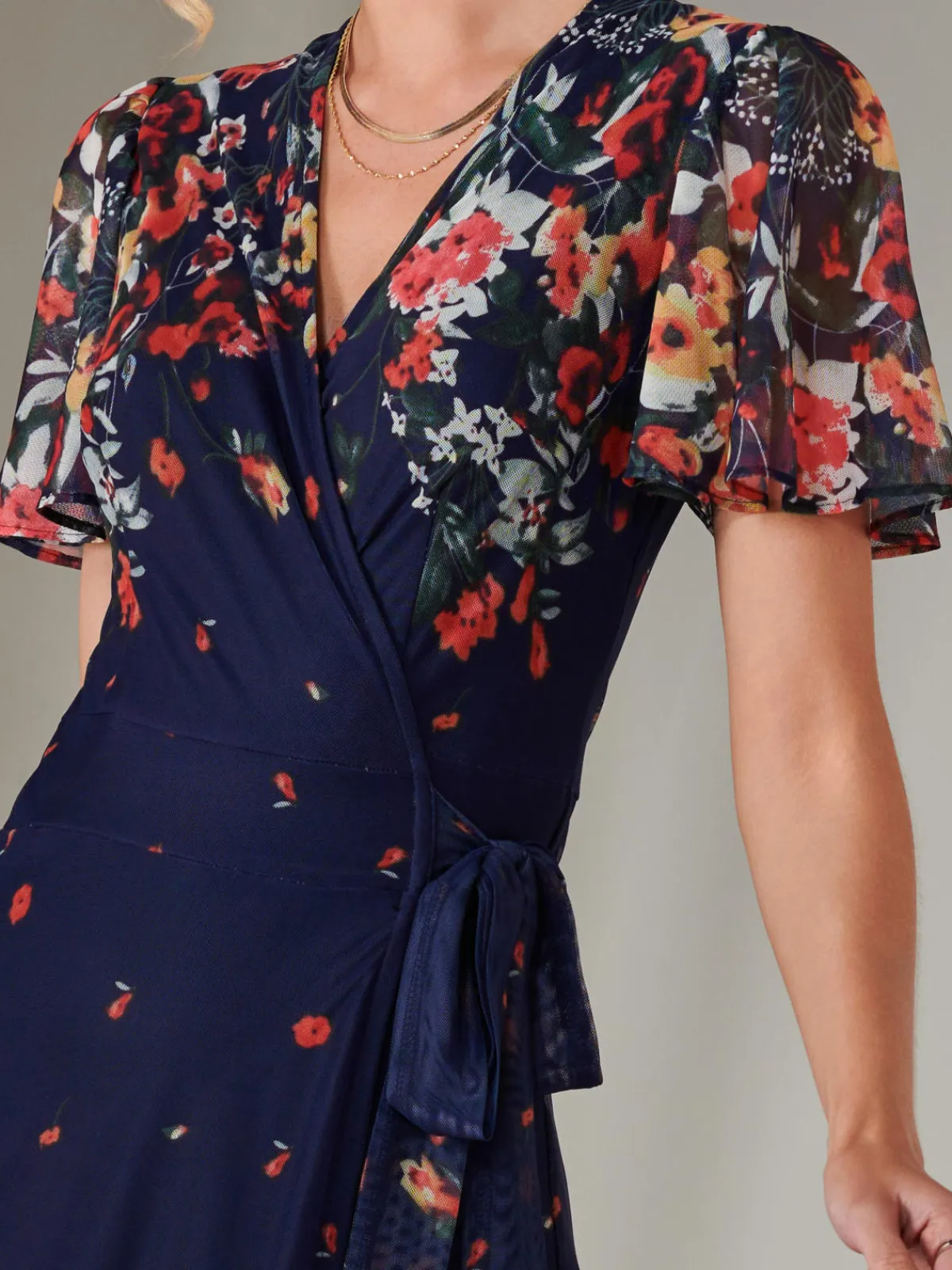 Jolie Moi Occasion Dresses|Floral Dresses-Mirror Print Mesh Wrap Maxi Dress, Floral Multi
