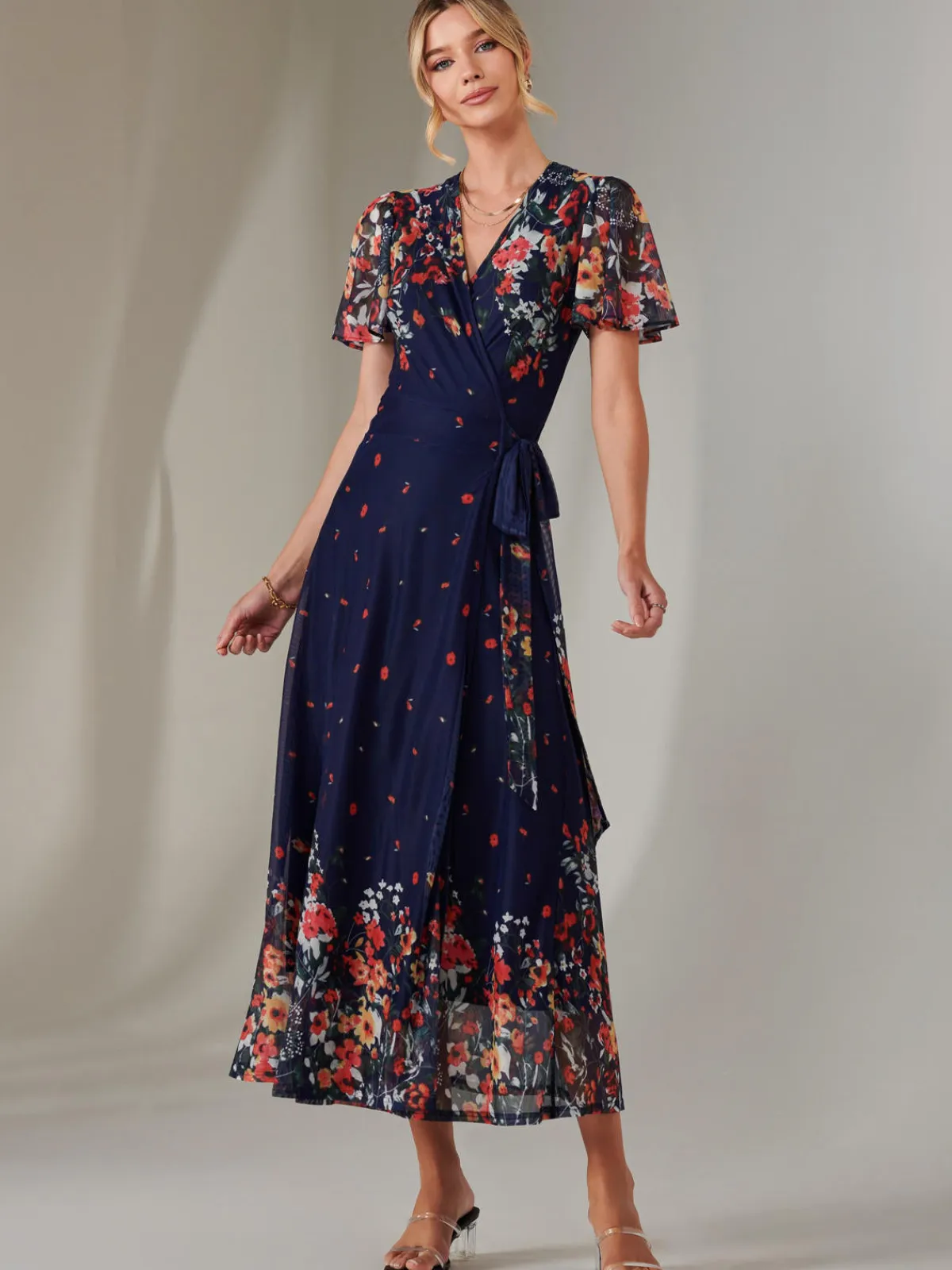 Jolie Moi Occasion Dresses|Floral Dresses-Mirror Print Mesh Wrap Maxi Dress, Floral Multi