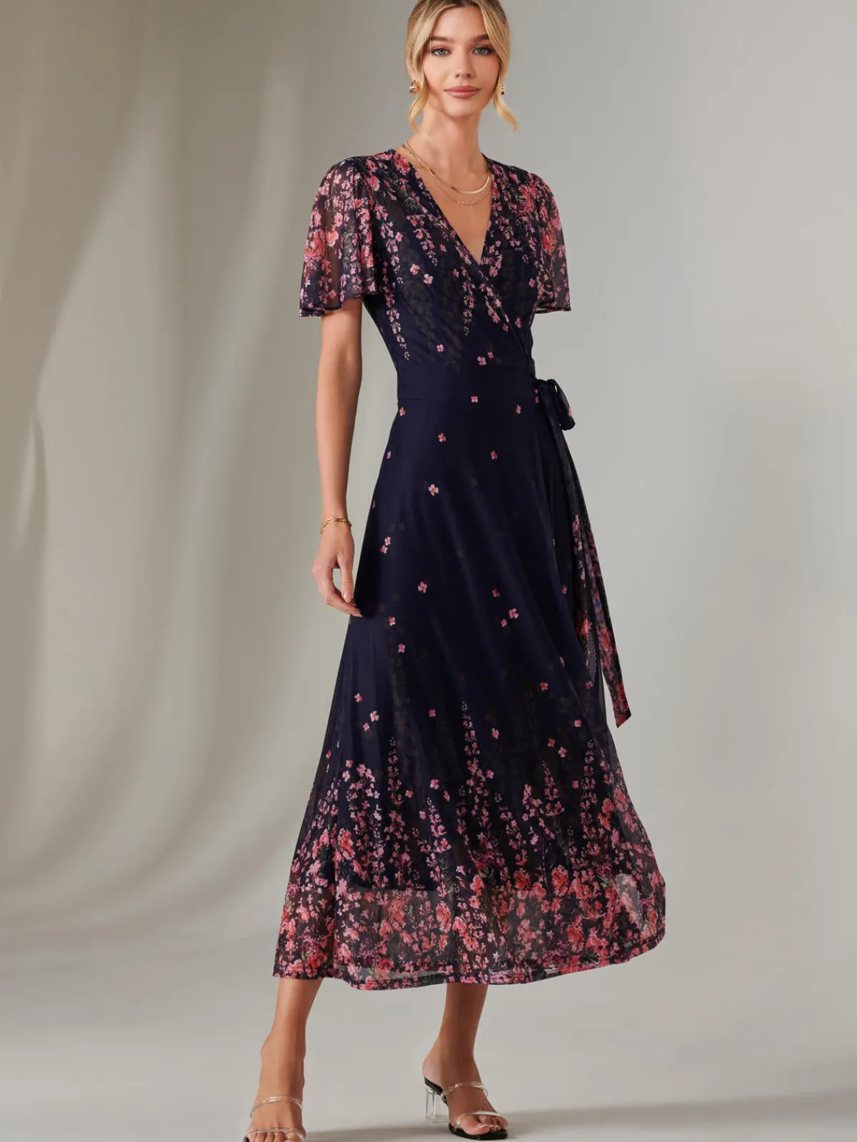 Jolie Moi Occasion Dresses|Floral Dresses-Mirror Print Mesh Wrap Maxi Dress, Navy Floral