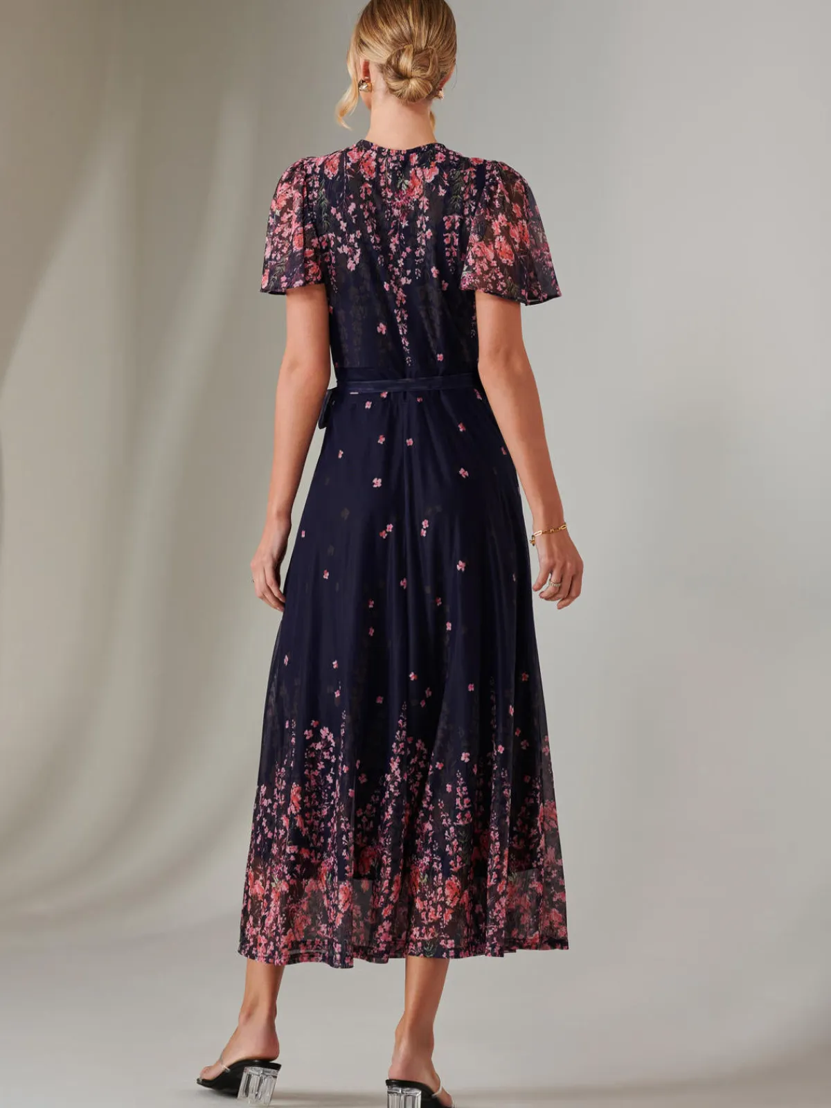 Jolie Moi Occasion Dresses|Floral Dresses-Mirror Print Mesh Wrap Maxi Dress, Navy Floral