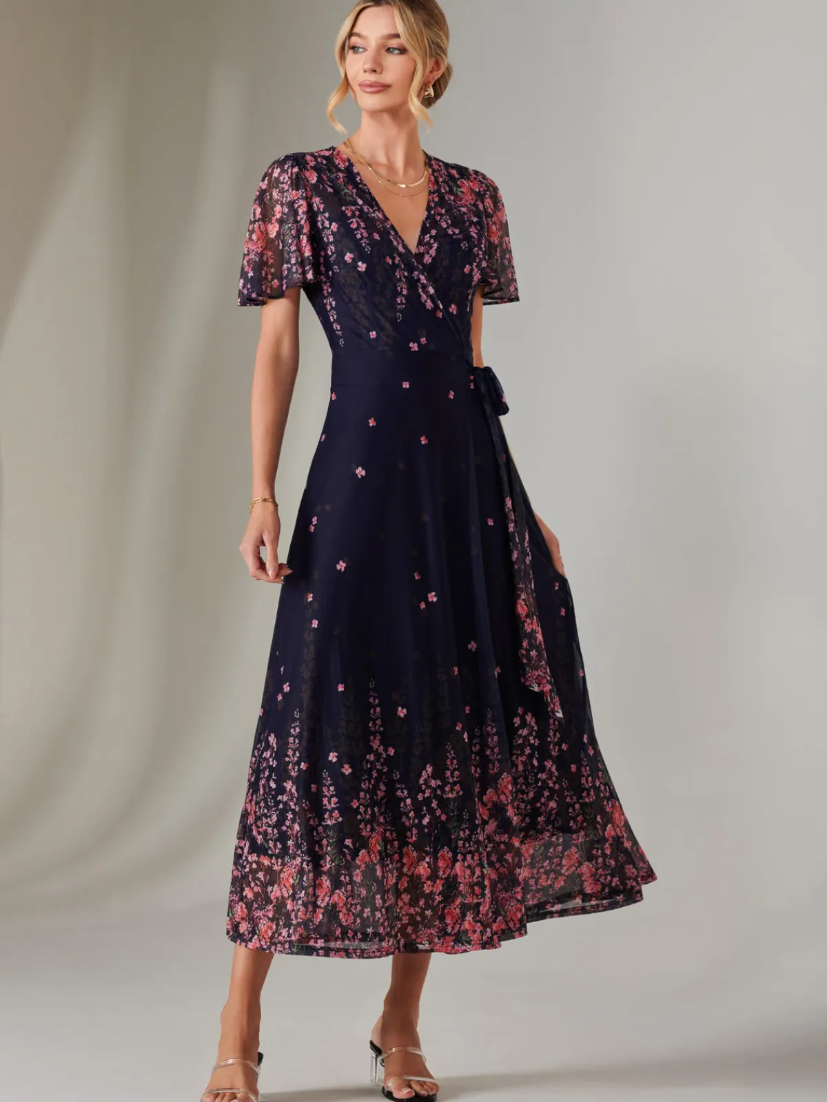 Jolie Moi Occasion Dresses|Floral Dresses-Mirror Print Mesh Wrap Maxi Dress, Navy Floral