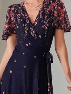 Jolie Moi Occasion Dresses|Floral Dresses-Mirror Print Mesh Wrap Maxi Dress, Navy Floral