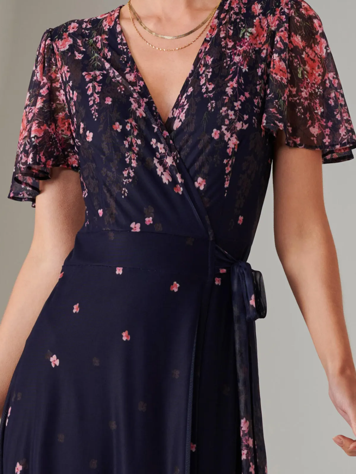 Jolie Moi Occasion Dresses|Floral Dresses-Mirror Print Mesh Wrap Maxi Dress, Navy Floral