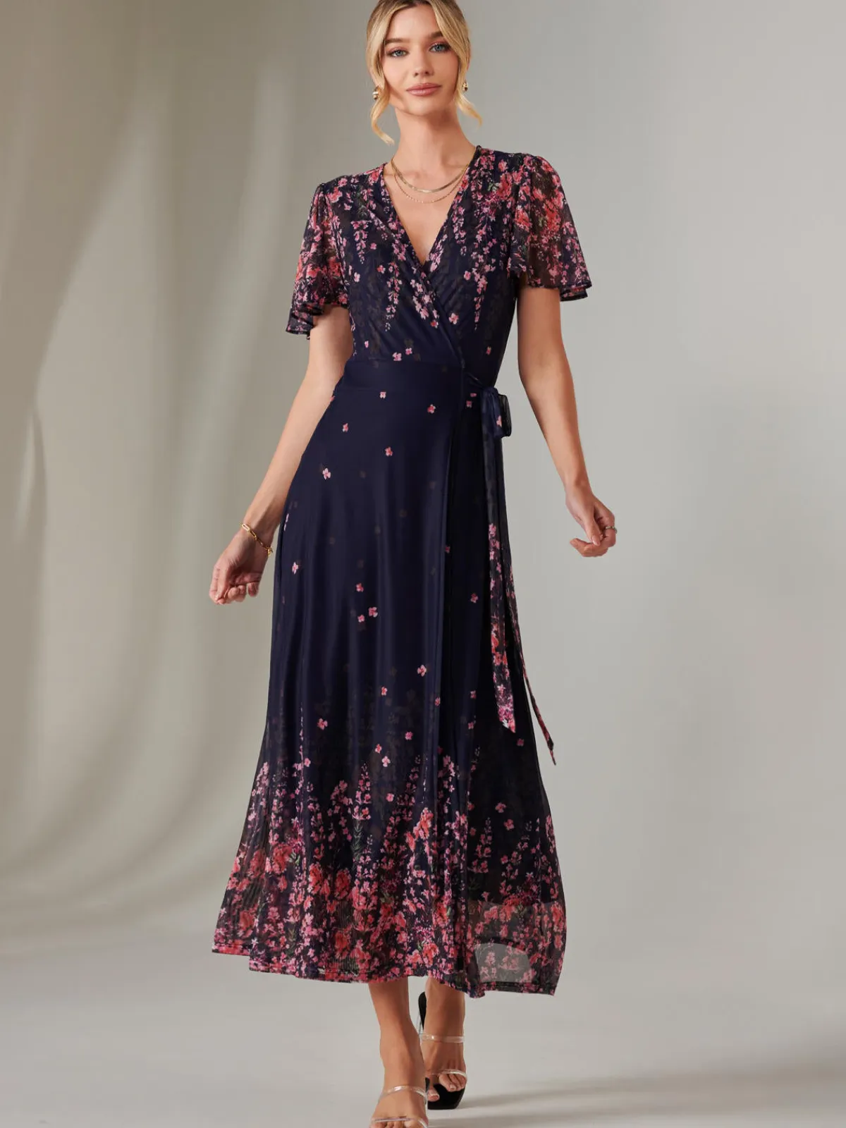 Jolie Moi Occasion Dresses|Floral Dresses-Mirror Print Mesh Wrap Maxi Dress, Navy Floral