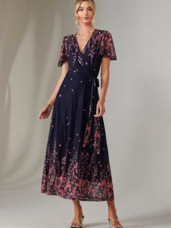 Jolie Moi Occasion Dresses|Floral Dresses-Mirror Print Mesh Wrap Maxi Dress, Navy Floral