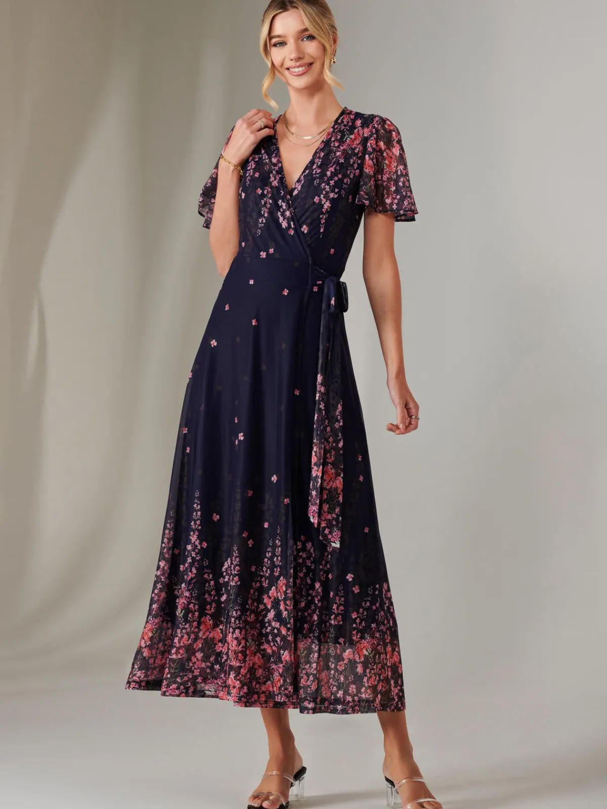 Jolie Moi Occasion Dresses|Floral Dresses-Mirror Print Mesh Wrap Maxi Dress, Navy Floral