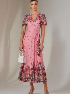 Jolie Moi Occasion Dresses|Floral Dresses-Mirror Print Mesh Wrap Maxi Dress, Pink Floral