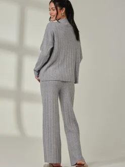 Jolie Moi Co-Ords|Weekend Casuals-Mockneck Pocket Knit Jumper, Dove Heather