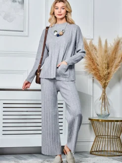Jolie Moi Co-Ords|Weekend Casuals-Mockneck Pocket Knit Jumper, Dove Heather