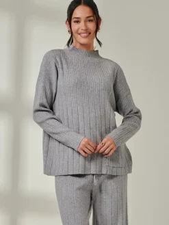 Jolie Moi Co-Ords|Weekend Casuals-Mockneck Pocket Knit Jumper, Dove Heather