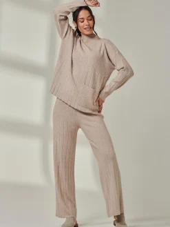 Jolie Moi Co-Ords|Weekend Casuals-Mockneck Pocket Knit Jumper, Mink Heather