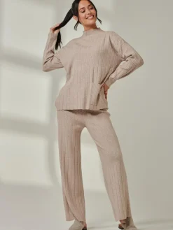 Jolie Moi Co-Ords|Weekend Casuals-Mockneck Pocket Knit Jumper, Mink Heather