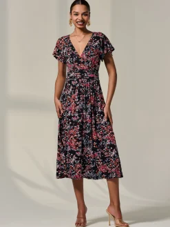 Jolie Moi Mother Of The Bride|Floral Dresses-Mock Wrap Jersey Midi Dress, Black Floral