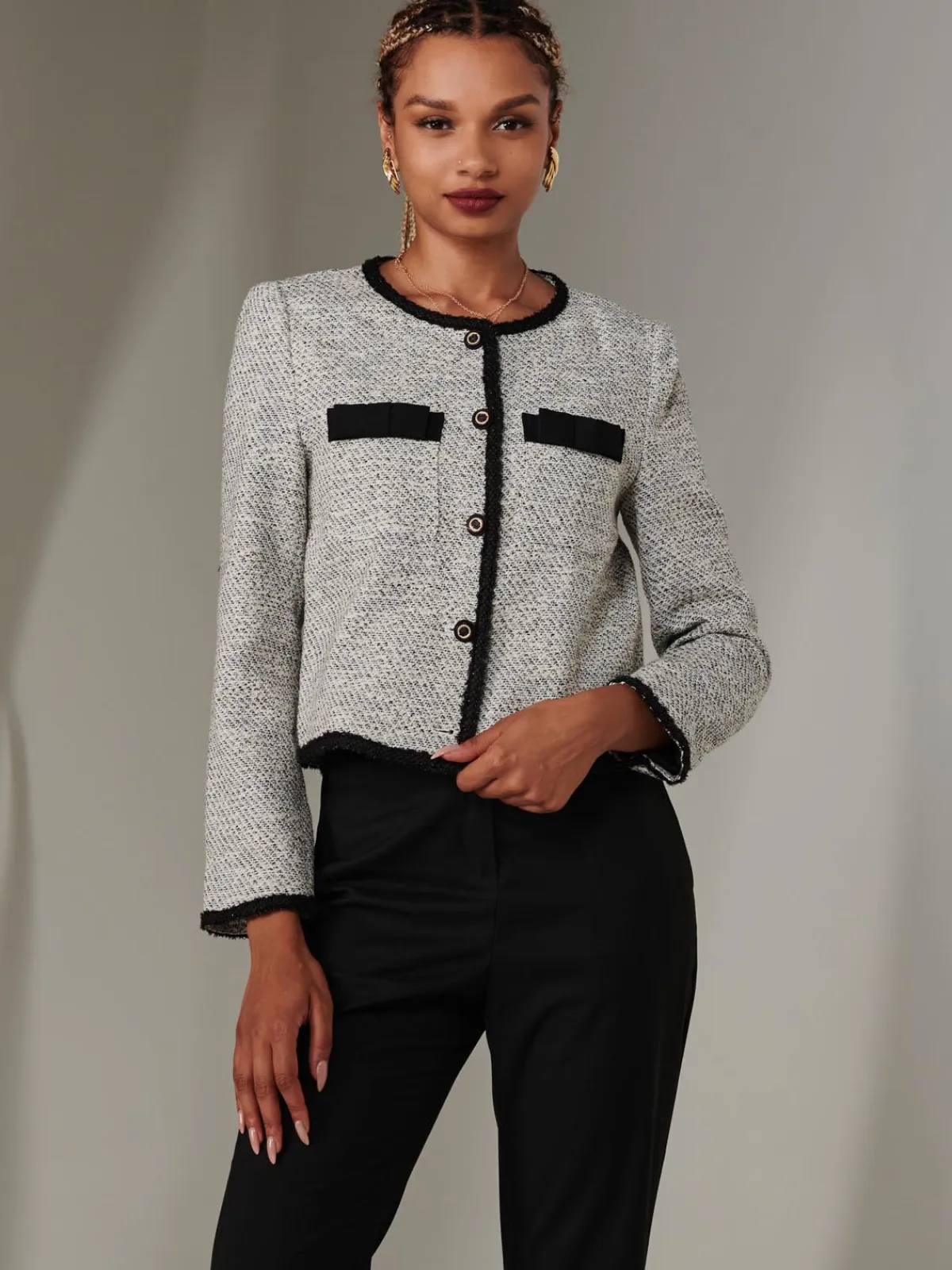 Jolie Moi Coats & Jackets|Blazers- Monochrome Tweed Contrast Jacket