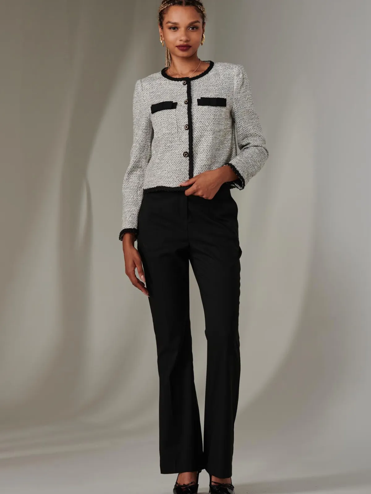 Jolie Moi Coats & Jackets|Blazers- Monochrome Tweed Contrast Jacket