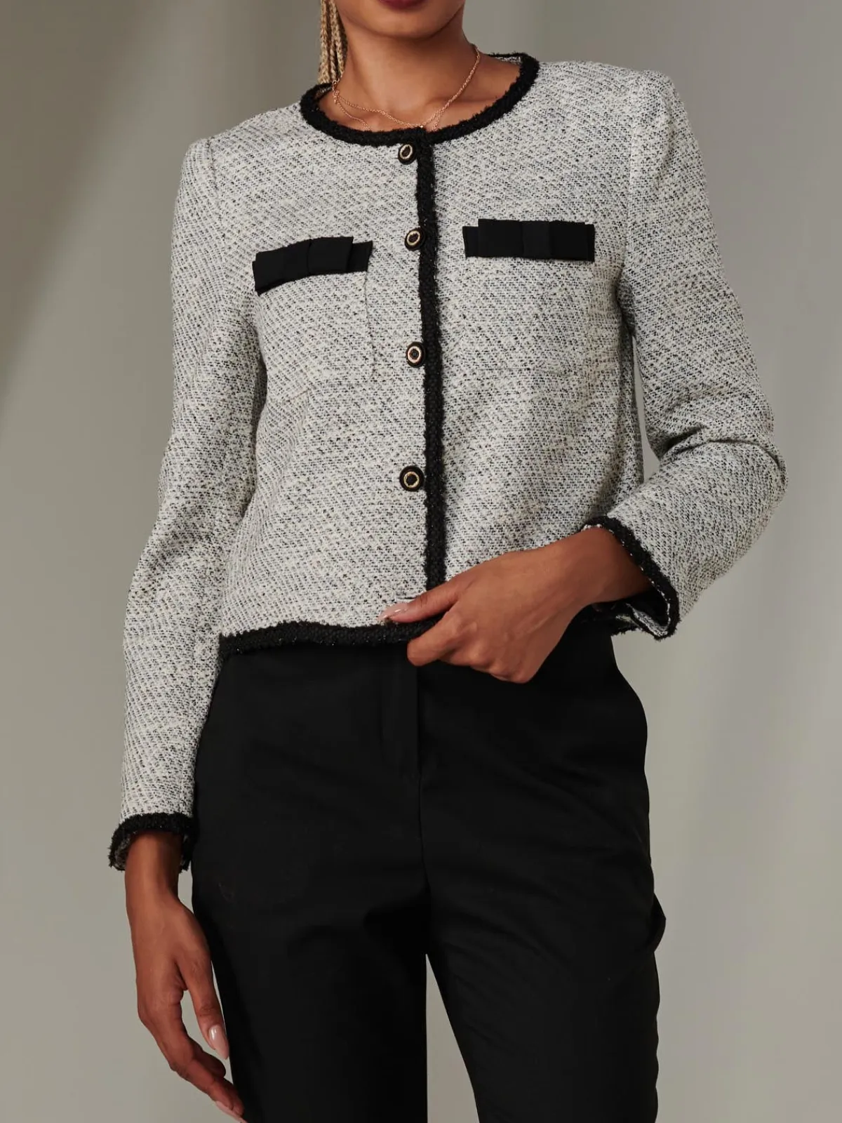 Jolie Moi Coats & Jackets|Blazers- Monochrome Tweed Contrast Jacket