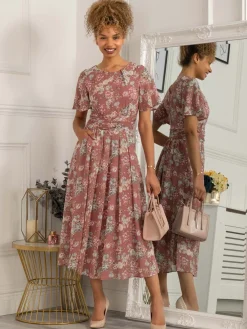 Jolie Moi Occasion Dresses|Weekend Casuals-Nadine Floral Print Chiffon Dress, Mauve