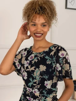 Jolie Moi Occasion Dresses|Weekend Casuals-Nadine Floral Print Chiffon Dress, Navy