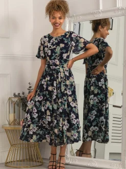 Jolie Moi Occasion Dresses|Weekend Casuals-Nadine Floral Print Chiffon Dress, Navy