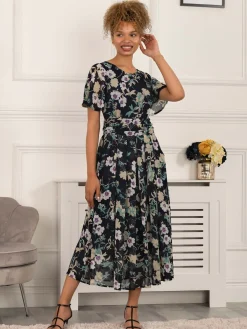 Jolie Moi Occasion Dresses|Weekend Casuals-Nadine Floral Print Chiffon Dress, Navy