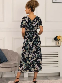 Jolie Moi Occasion Dresses|Weekend Casuals-Nadine Floral Print Chiffon Dress, Navy