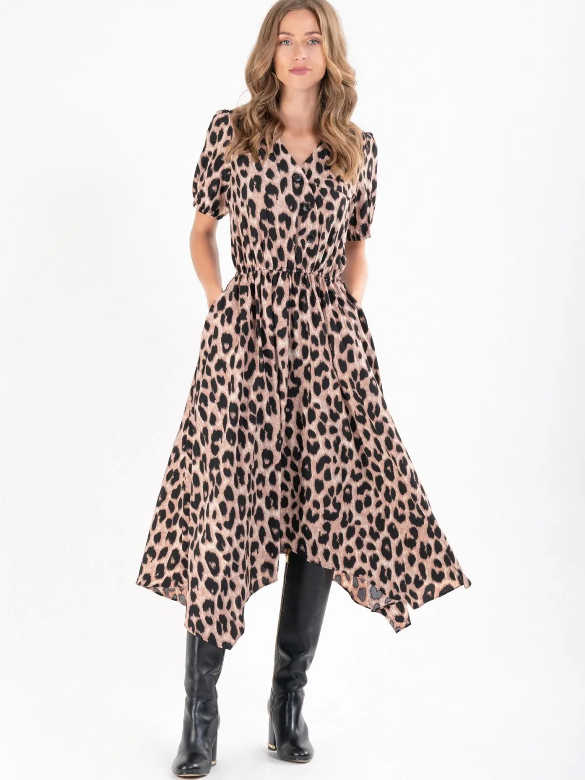 Jolie Moi Office Wear|Weekend Casuals-Nana Hanky Hem Dress, Pink Animal