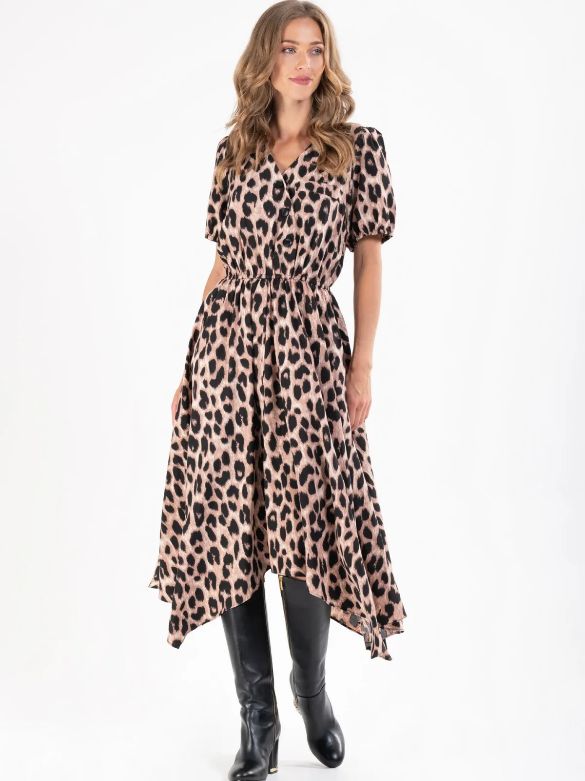 Jolie Moi Office Wear|Weekend Casuals-Nana Hanky Hem Dress, Pink Animal