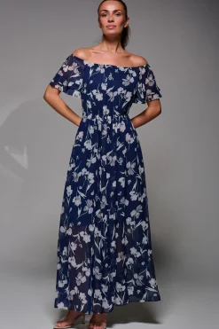 Jolie Moi Occasion Dresses|Weekend Casuals-Off Shoulder Chiffon Maxi Dress, Navy Floral