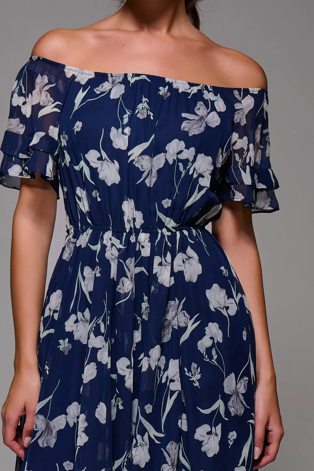 Jolie Moi Occasion Dresses|Weekend Casuals-Off Shoulder Chiffon Maxi Dress, Navy Floral