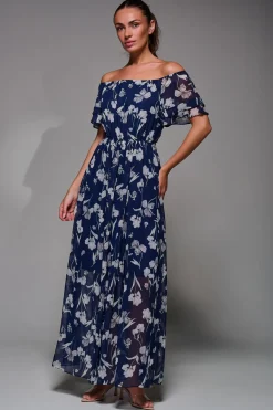 Jolie Moi Occasion Dresses|Weekend Casuals-Off Shoulder Chiffon Maxi Dress, Navy Floral
