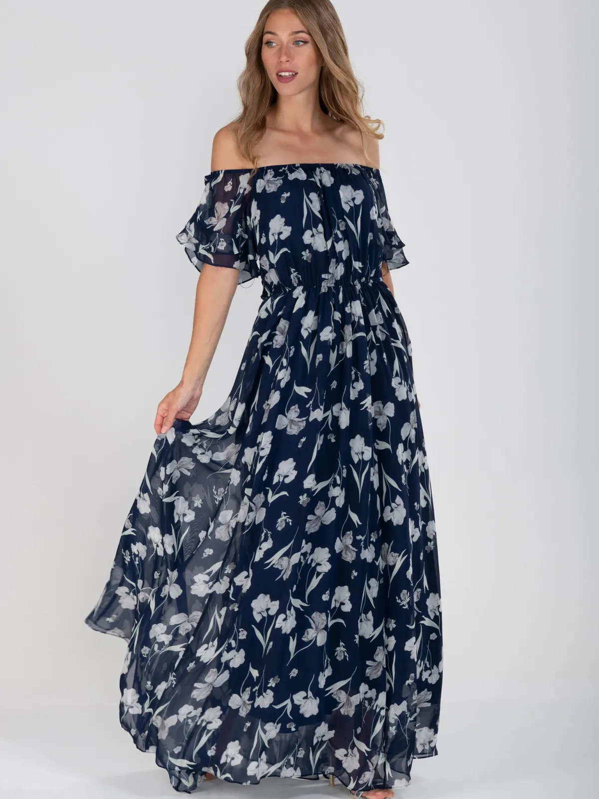 Jolie Moi Occasion Dresses|Weekend Casuals-Off Shoulder Chiffon Maxi Dress, Navy Floral