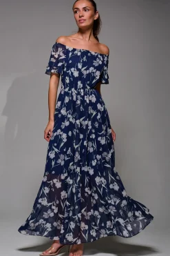 Jolie Moi Occasion Dresses|Weekend Casuals-Off Shoulder Chiffon Maxi Dress, Navy Floral