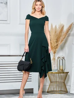 Jolie Moi Occasion Dresses|Jersey Dresses-Off Shoulder Frill Ponte Midi Dress, Forest Green