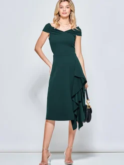 Jolie Moi Occasion Dresses|Jersey Dresses-Off Shoulder Frill Ponte Midi Dress, Forest Green
