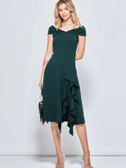 Jolie Moi Occasion Dresses|Jersey Dresses-Off Shoulder Frill Ponte Midi Dress, Forest Green
