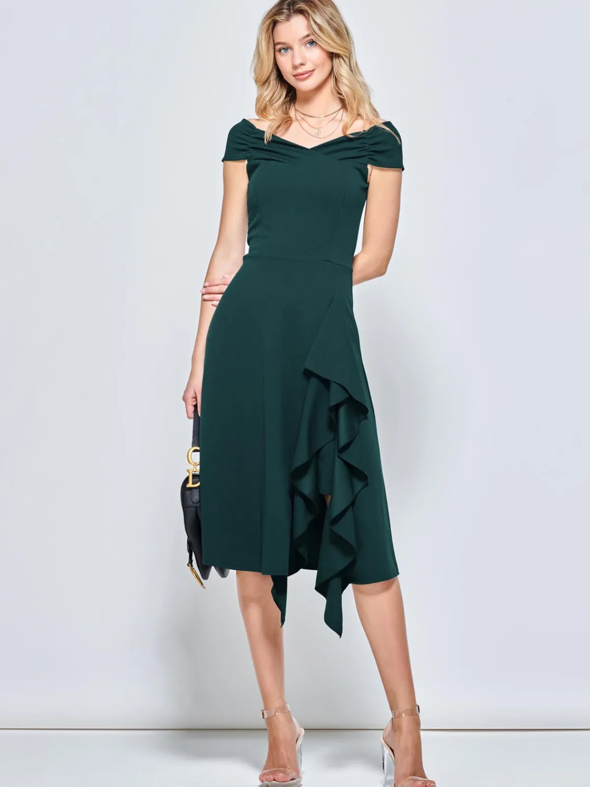 Jolie Moi Occasion Dresses|Jersey Dresses-Off Shoulder Frill Ponte Midi Dress, Forest Green