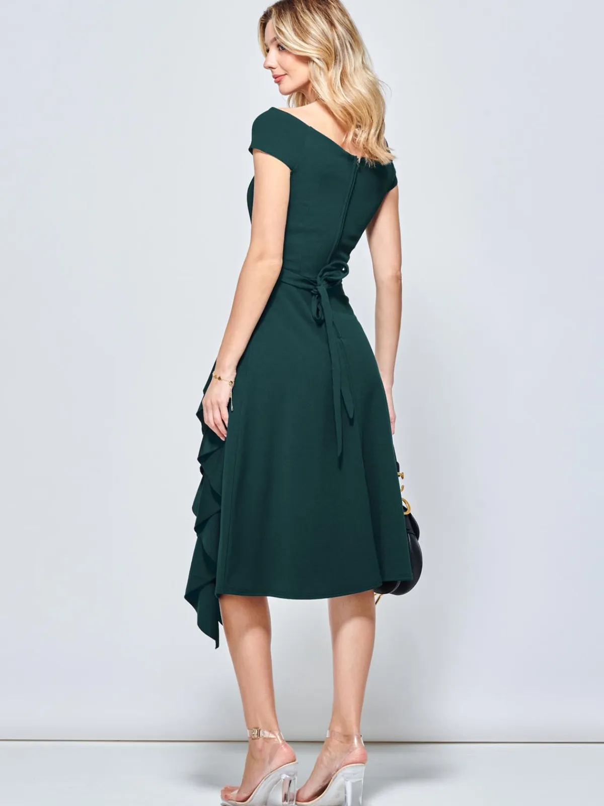 Jolie Moi Occasion Dresses|Jersey Dresses-Off Shoulder Frill Ponte Midi Dress, Forest Green