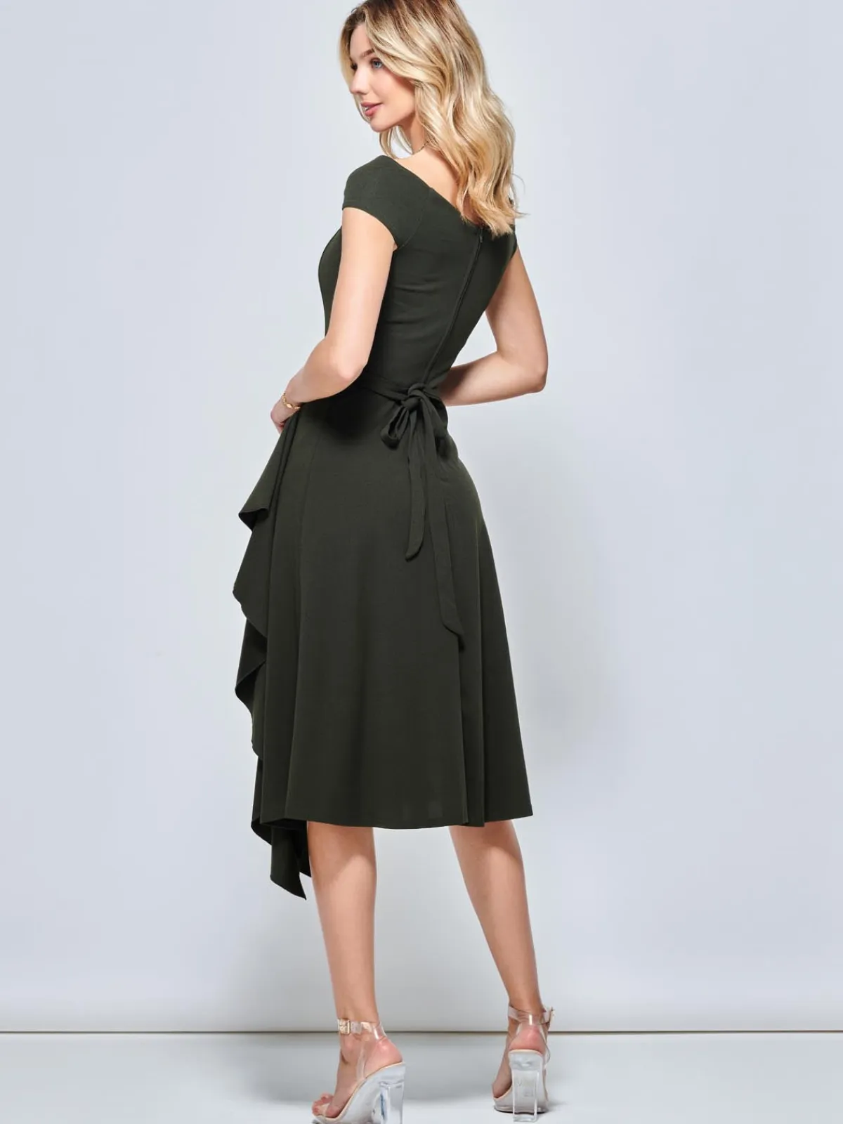 Jolie Moi Occasion Dresses|Jersey Dresses-Off Shoulder Frill Ponte Midi Dress, Soldier Green