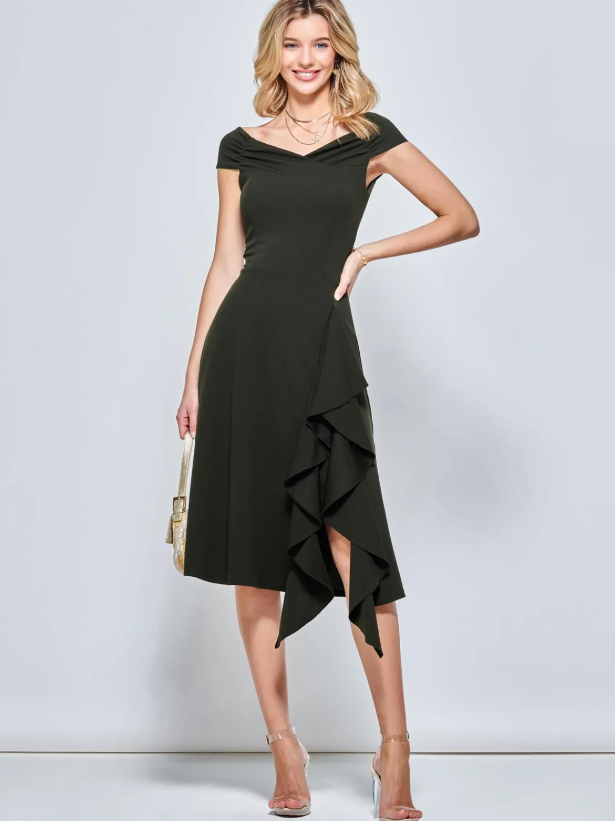 Jolie Moi Occasion Dresses|Jersey Dresses-Off Shoulder Frill Ponte Midi Dress, Soldier Green