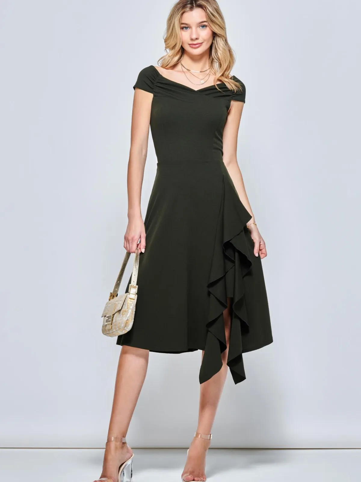 Jolie Moi Occasion Dresses|Jersey Dresses-Off Shoulder Frill Ponte Midi Dress, Soldier Green