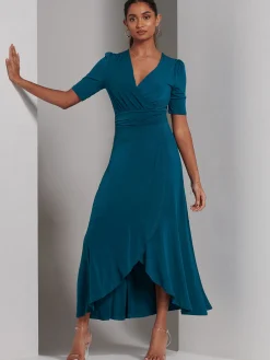 Jolie Moi Occasion Dresses|Jersey Dresses-Olana Jersey Frill Hem Maxi Dress, Teal