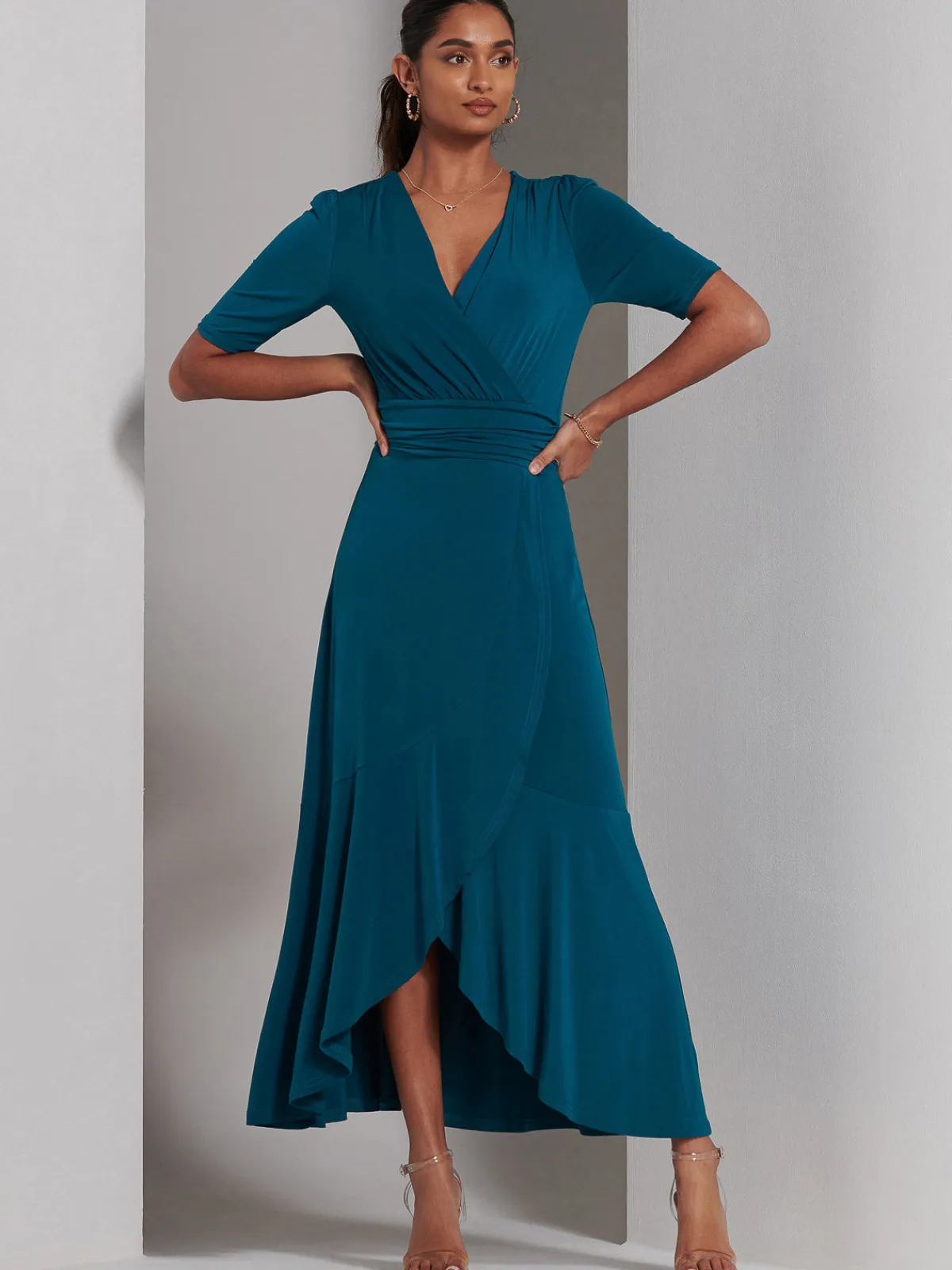 Jolie Moi Occasion Dresses|Jersey Dresses-Olana Jersey Frill Hem Maxi Dress, Teal