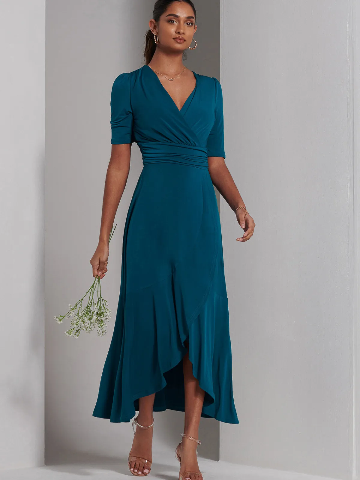 Jolie Moi Occasion Dresses|Jersey Dresses-Olana Jersey Frill Hem Maxi Dress, Teal