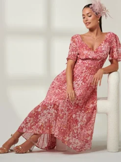Jolie Moi Occasion Dresses|Floral Dresses-Olenna Angel Sleeve Pleated Chiffon Maxi, Red Abstract