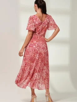 Jolie Moi Occasion Dresses|Floral Dresses-Olenna Angel Sleeve Pleated Chiffon Maxi, Red Abstract