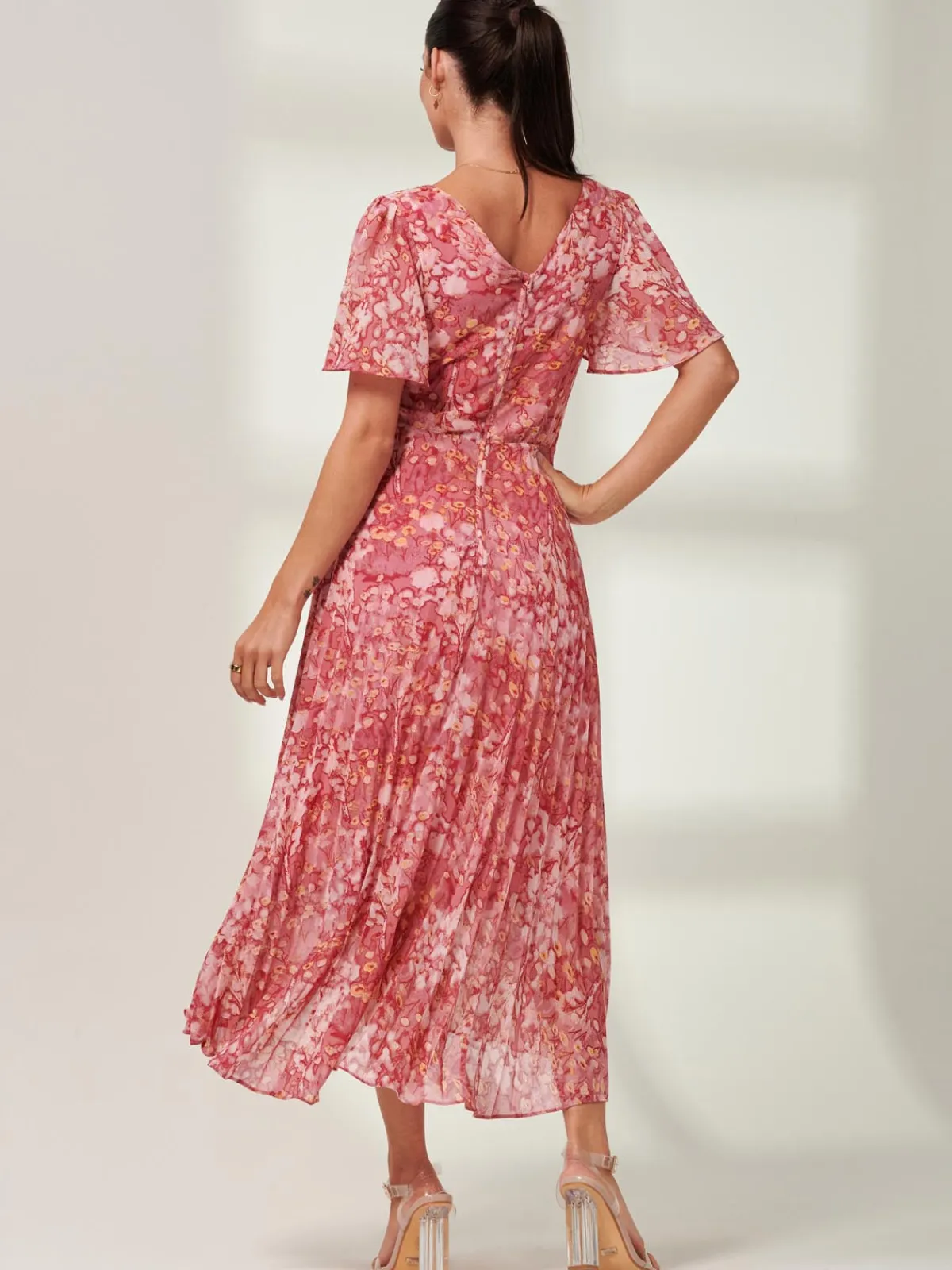 Jolie Moi Occasion Dresses|Floral Dresses-Olenna Angel Sleeve Pleated Chiffon Maxi, Red Abstract
