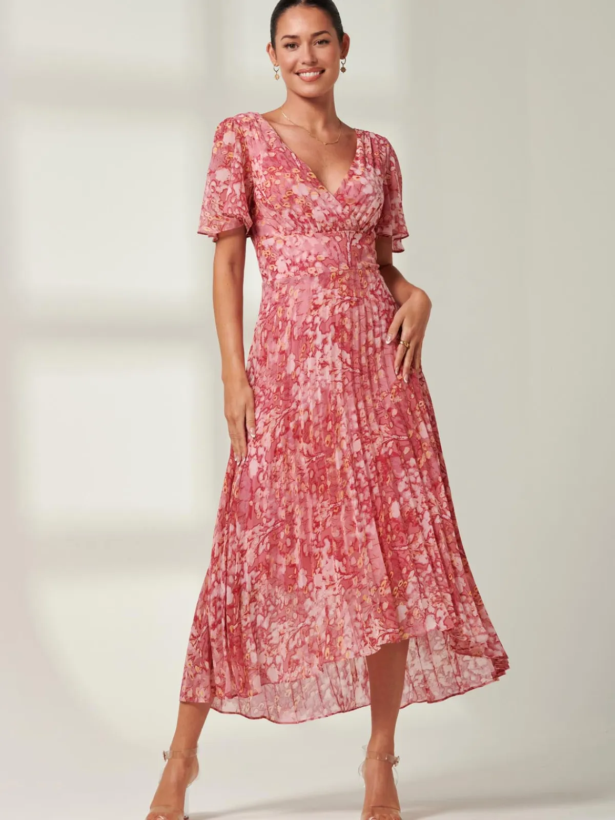 Jolie Moi Occasion Dresses|Floral Dresses-Olenna Angel Sleeve Pleated Chiffon Maxi, Red Abstract