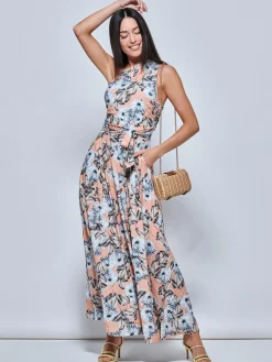 Jolie Moi Occasion Dresses|Floral Dresses-One Shoulder Maxi Jersey Dress, Floral Multi